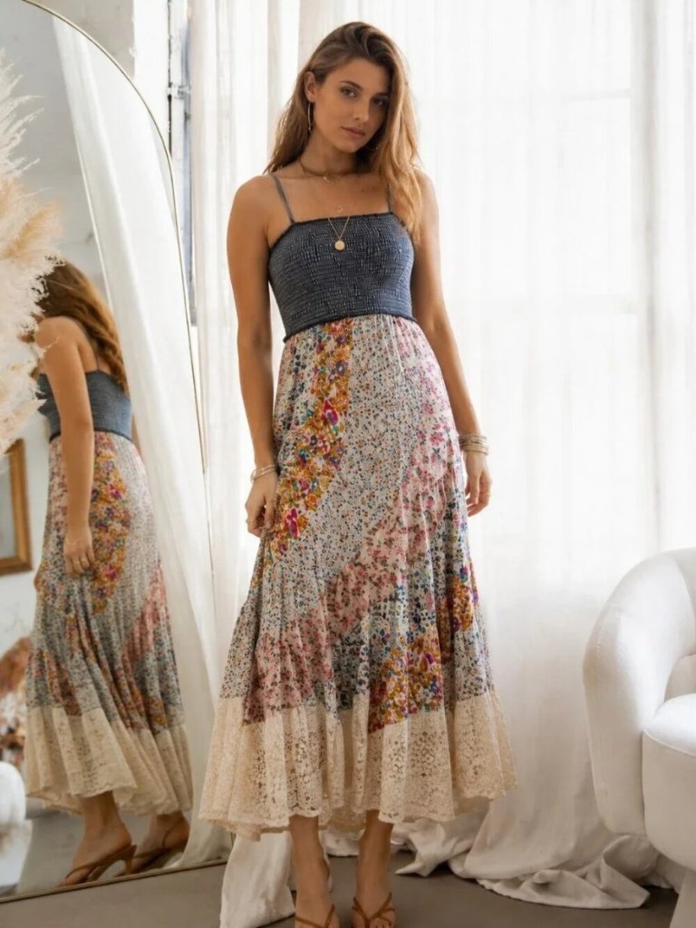 NWOT Young Threads Smocked Navy Bodice Floral Maxi Dress size- SMALL w/ FLAW